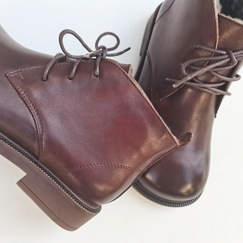 Women's Vintage Wide Toe Leather Boots – Handmade Wool Lined Short Boots