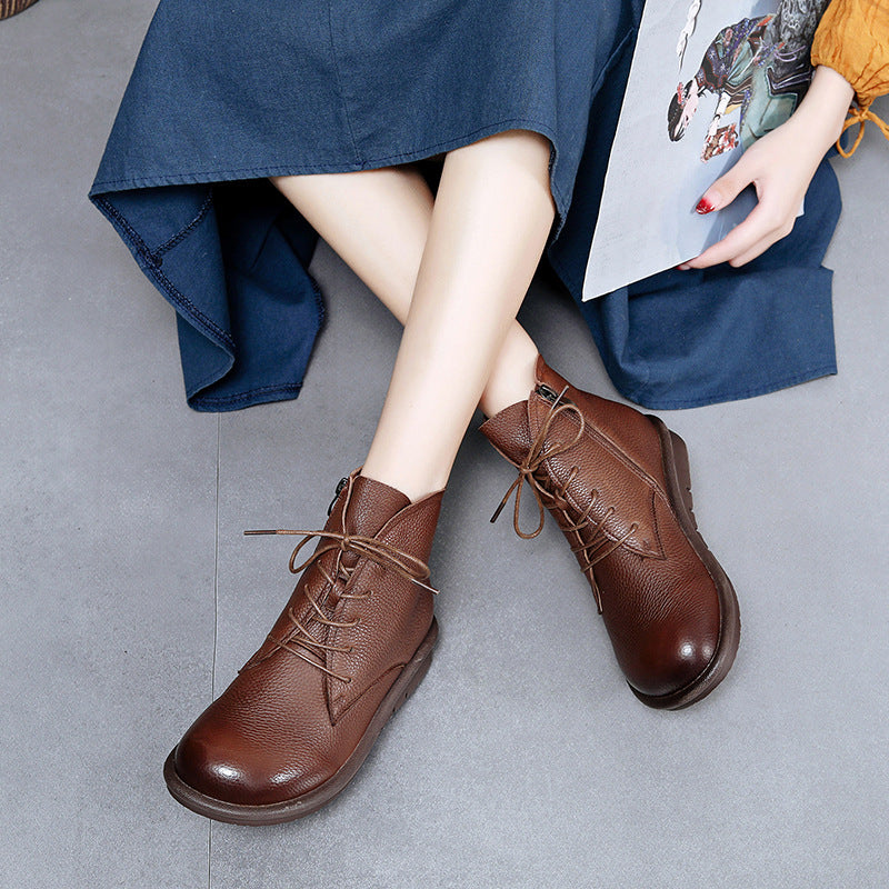 Women's Retro Leather Ankle Boots – Flat Sole, Lace-Up & Zipper