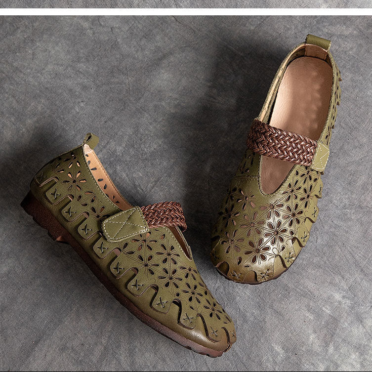 Floral Cut-out Leather Sandals - Women's Retro Round Toe Summer Walking Flats