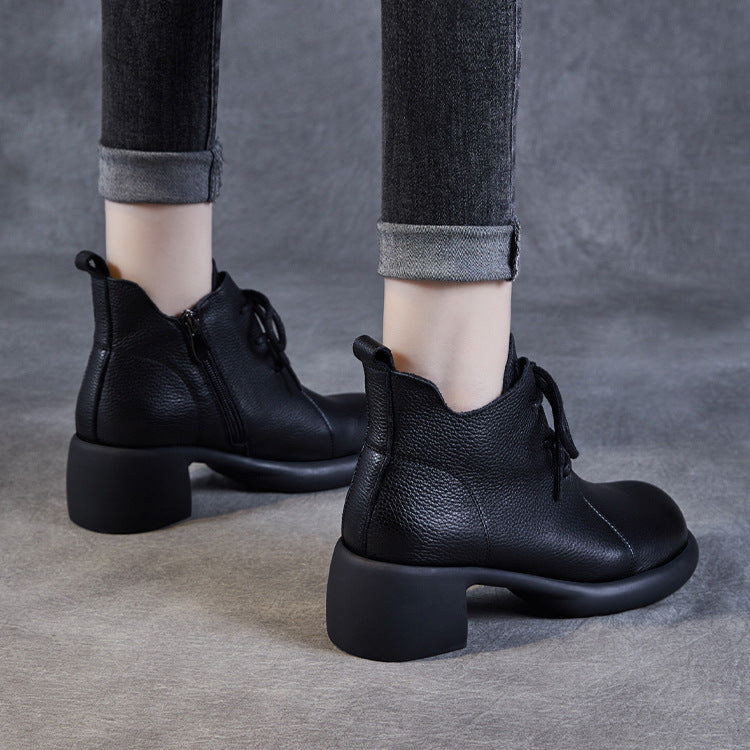 Women's Casual Lace-Up Ankle Boots – Round Toe Block Heel with Side Zipper
