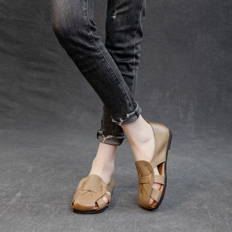 Women's Leather Summer Woven Hollow Out Flat Breathable Sandals