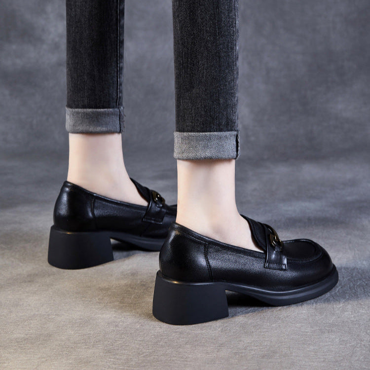 Women's Genuine Leather Loafers – Mid Heel Slip-On Shoes with Metal Accent