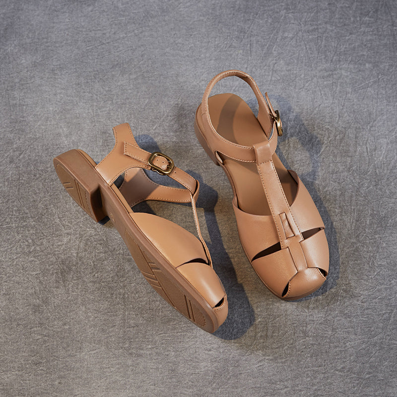 Women's Leather Summer Closed Toe T-Strap Comfort Sandals