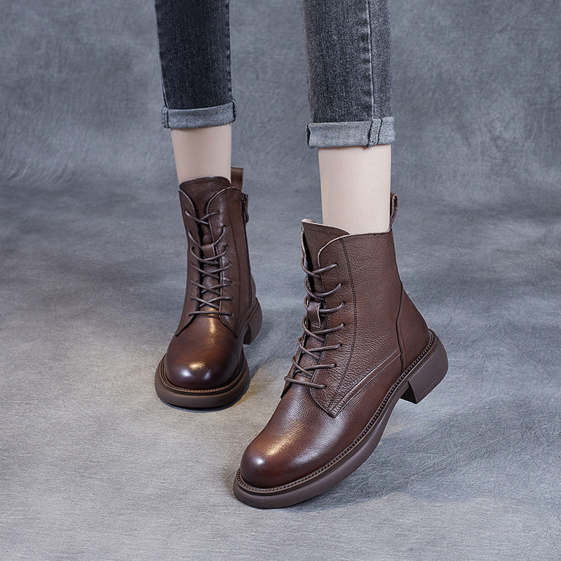 Women's Leather Vintage Zipper Lace Up Block Heel Ankle Boots