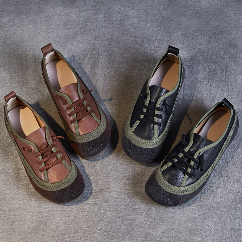 Women's Leather Casual Daily Walking Lace Up Flat Shoes