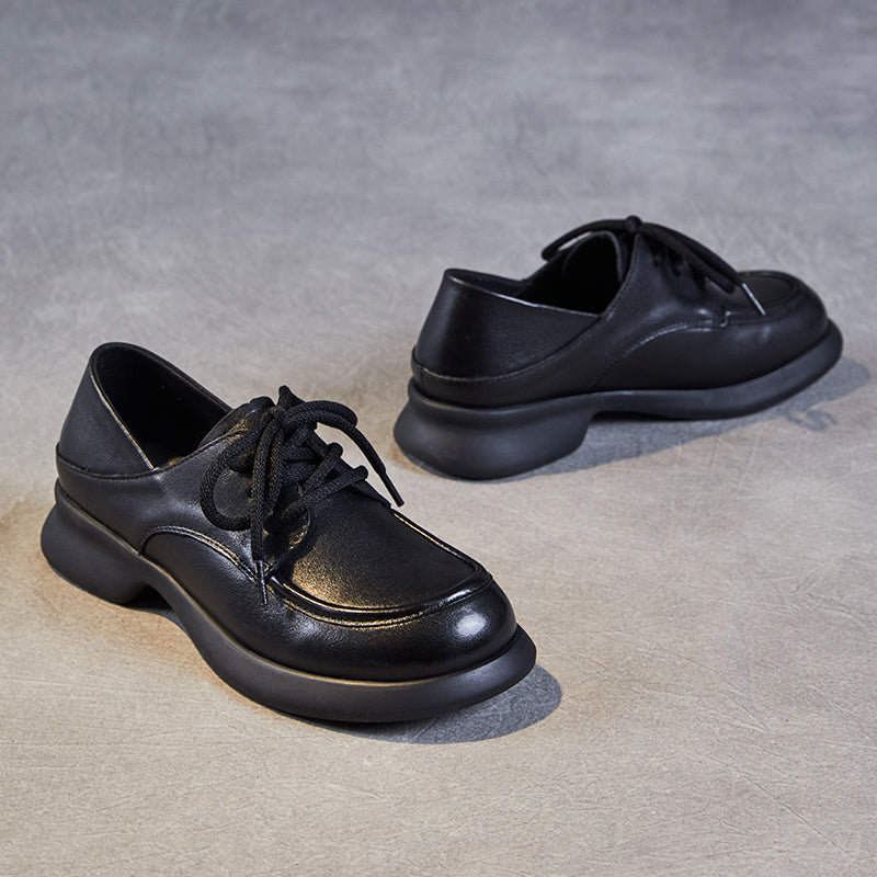 Women's Leather Comfortable Casual Chunky Heel Lace-Up Shoes