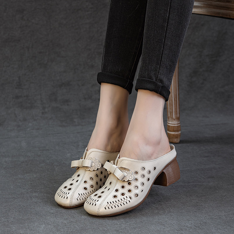 Women's Leather Bowknot Hollow Out Mid Heel Block Mule Shoes