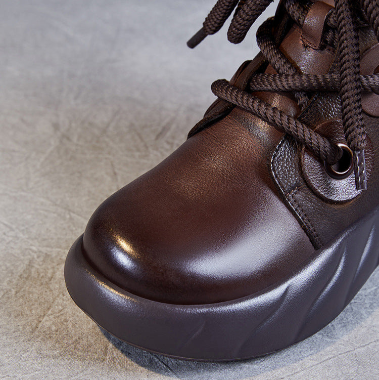 Women's Genuine Leather Lace-Up Ankle Boots – Casual Platform Chunky Sole