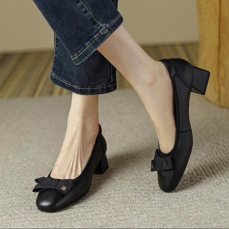 Women's Leather Ballet Flats - Round Toe with Elegant Bow Detail