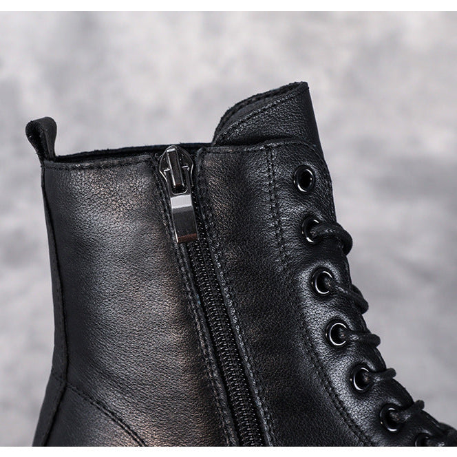 Women's Leather Casual Lace-Up Ankle Boots with Side Zipper Closure