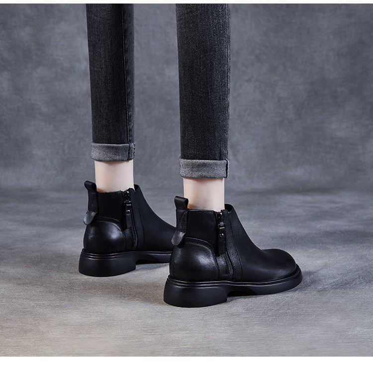 Women's Genuine Leather Casual Ankle Boots – Comfortable Double Zipper Design