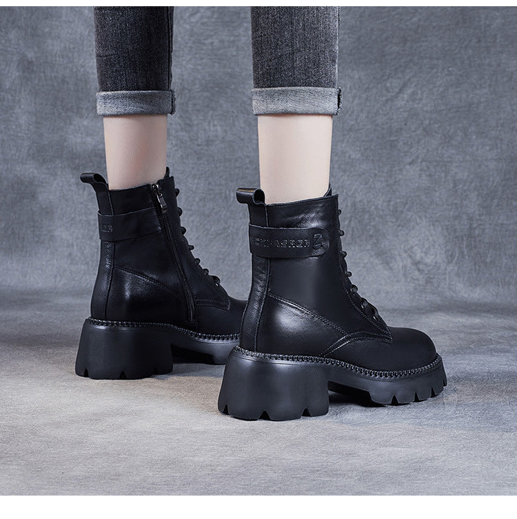 Women's Genuine Leather Combat Boots – Platform Chunky Heel with Side Zipper