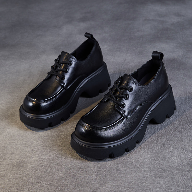 Women's Leather Chunky Heel Lace-Up Oxfords