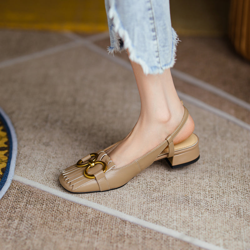 Women's Handmade Leather Tassel Metal Buckle Closed Toe Slingback Sandals