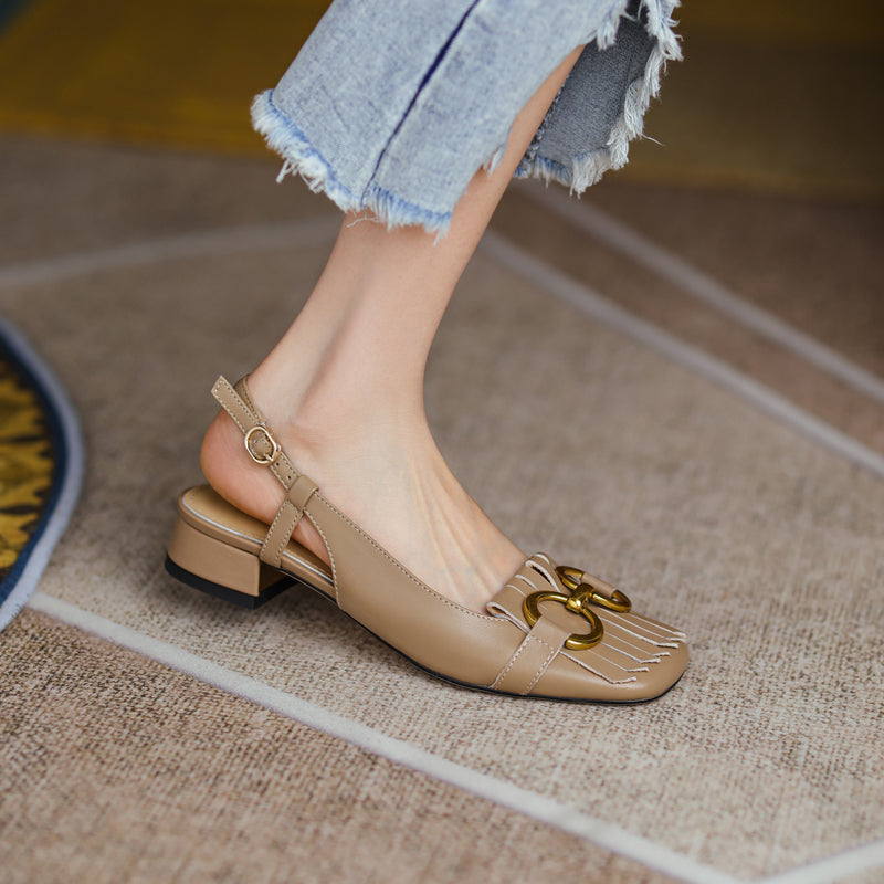 Women's Handmade Leather Tassel Metal Buckle Closed Toe Slingback Sandals
