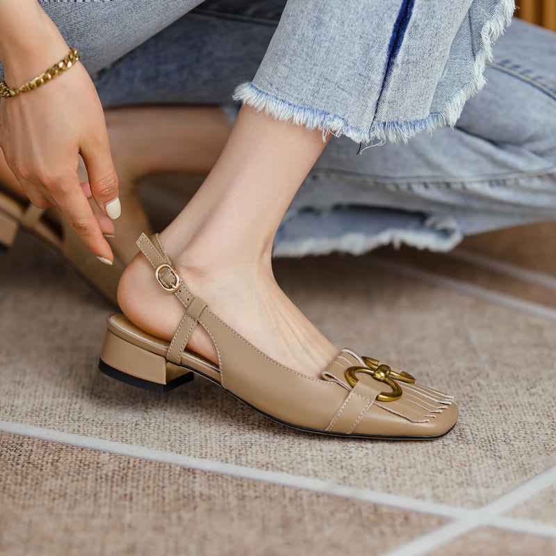 Women's Handmade Leather Tassel Metal Buckle Closed Toe Slingback Sandals