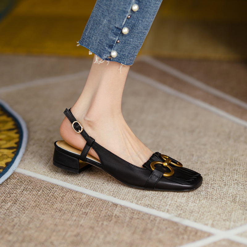 Women's Handmade Leather Tassel Metal Buckle Closed Toe Slingback Sandals