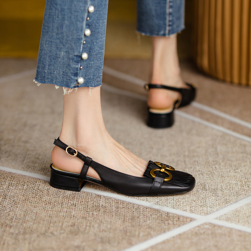 Women's Handmade Leather Tassel Metal Buckle Closed Toe Slingback Sandals