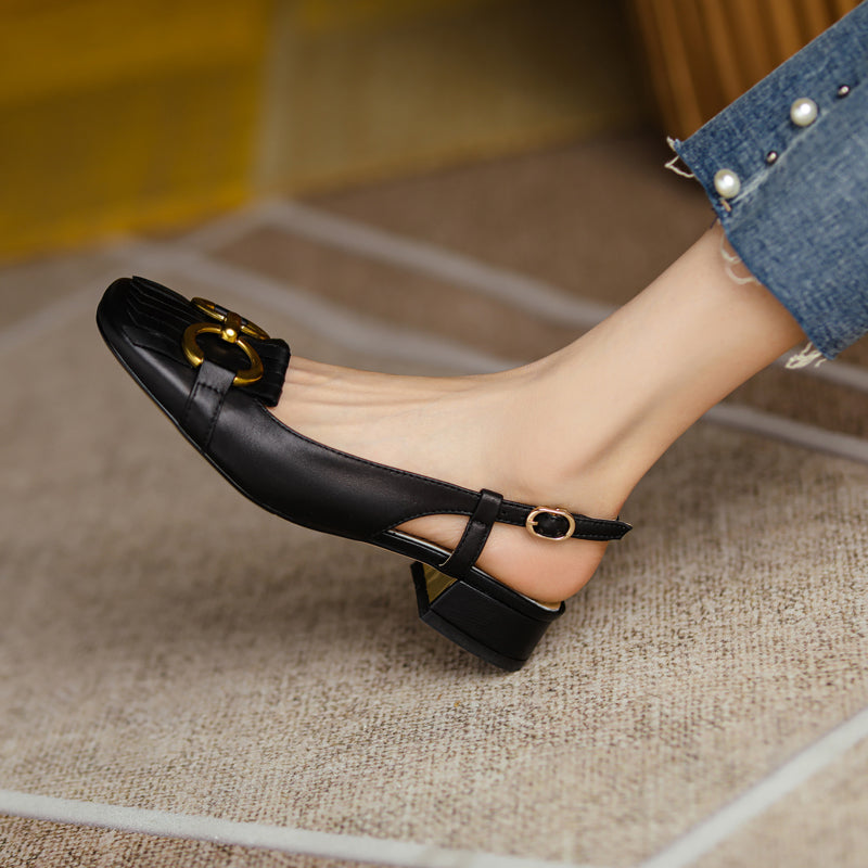 Women's Handmade Leather Tassel Metal Buckle Closed Toe Slingback Sandals