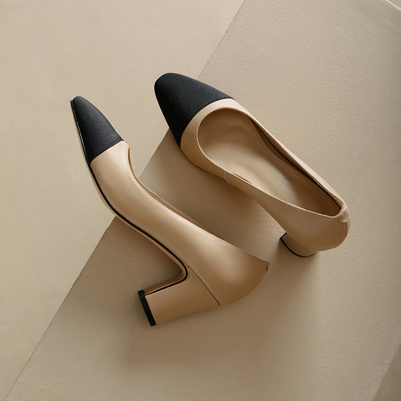 Women's Elegant Leather Office Patchwork Block Heel Pump