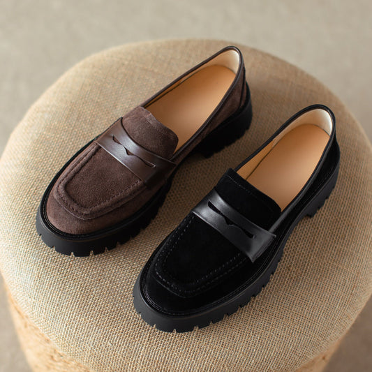 Suede Leather Handmade Classic Platform Penny Loafers Flats Women's Shoes