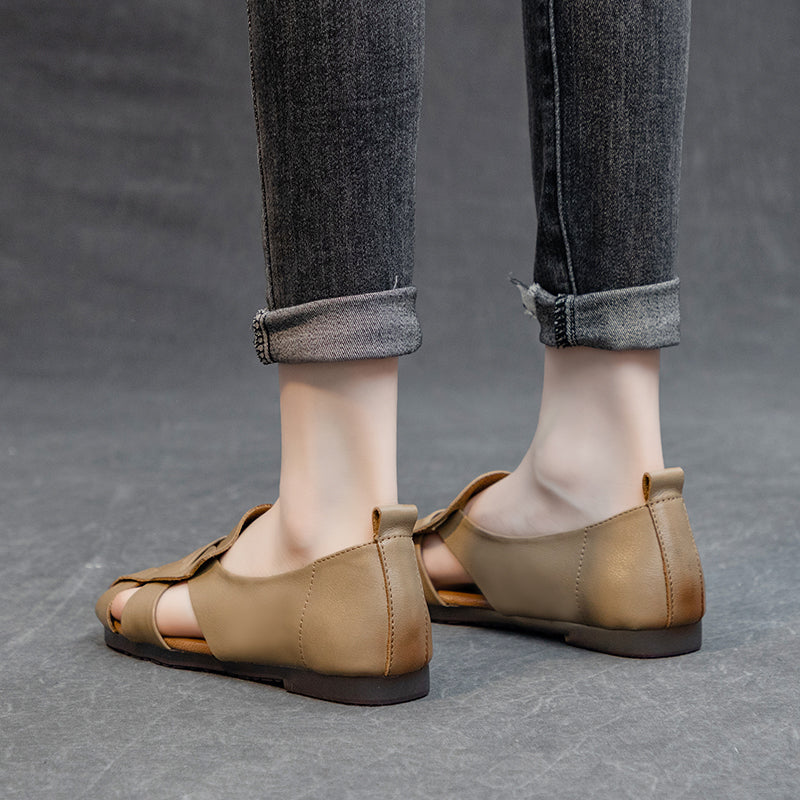 Women's Leather Summer Woven Hollow Out Flat Breathable Sandals