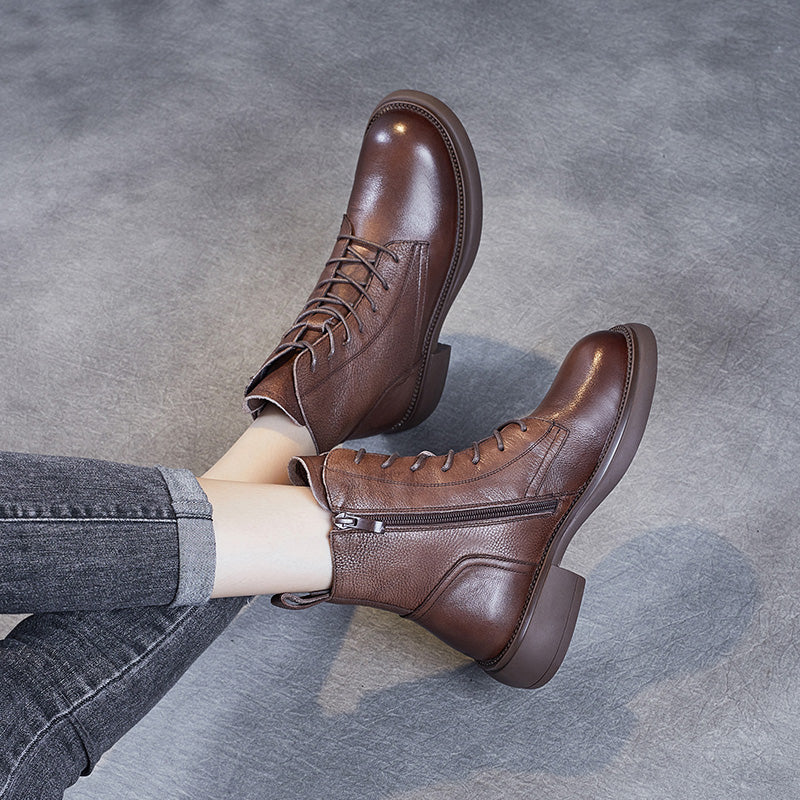Women's Leather Vintage Zipper Lace Up Block Heel Ankle Boots