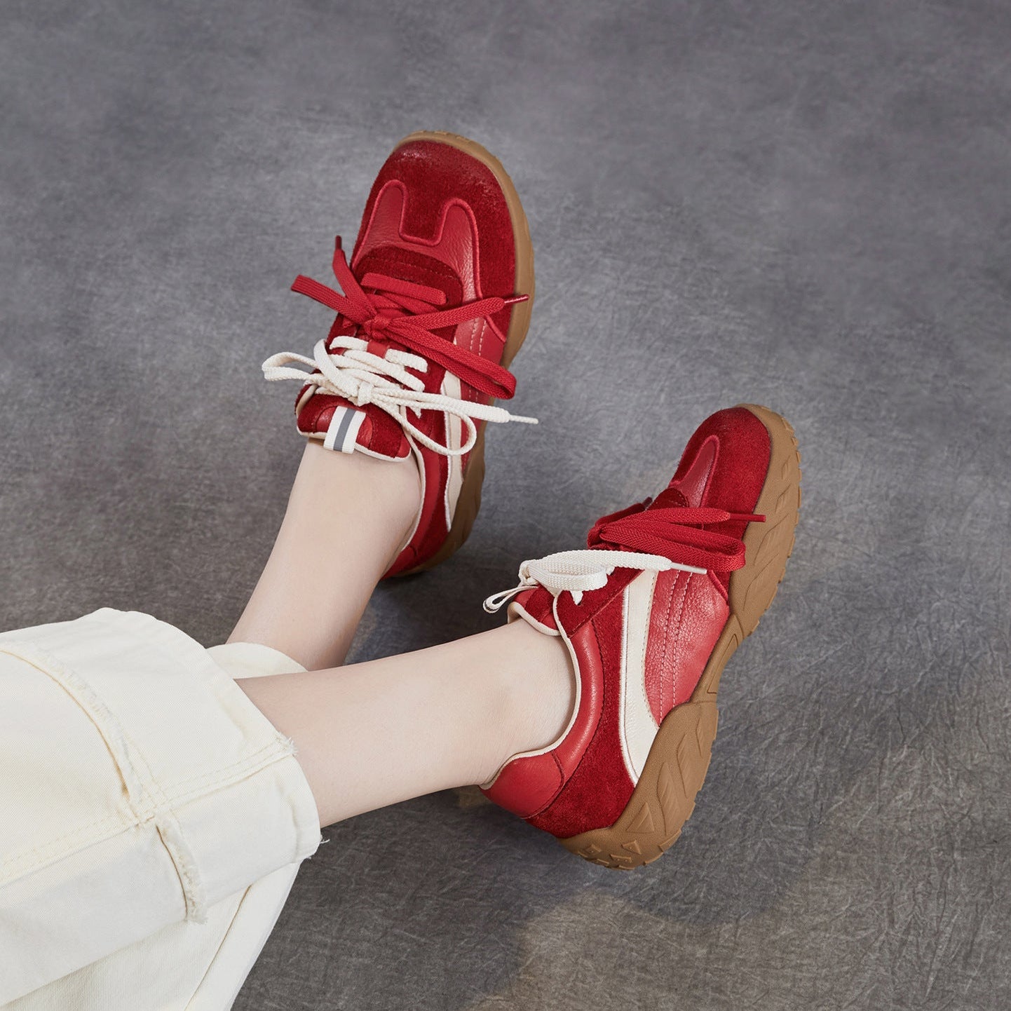 Women’s Leather Patchwork Trainers – Lightweight Spring Lace-Up Casual Shoes