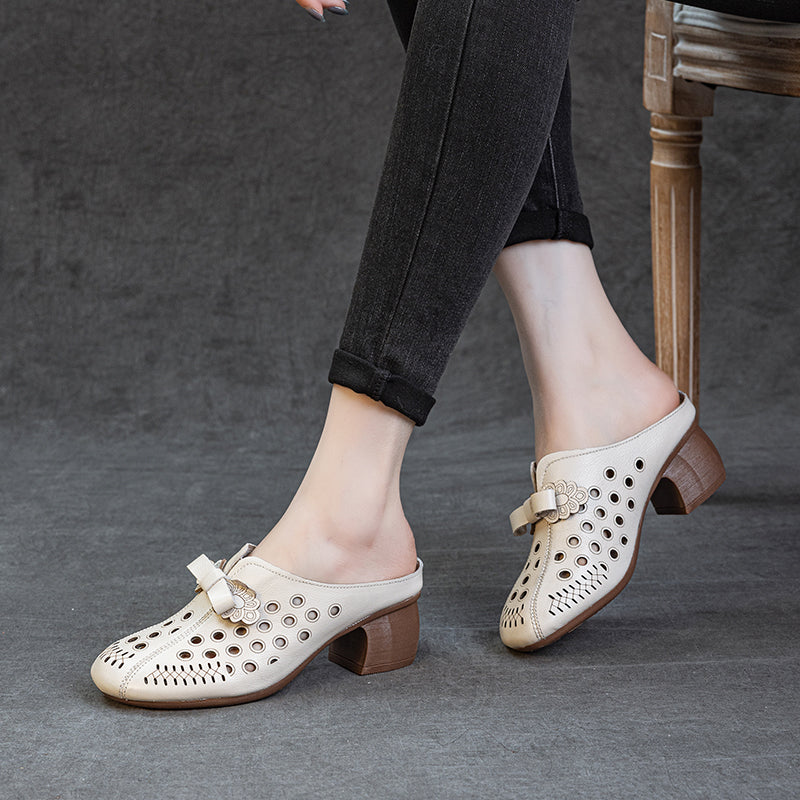 Women's Leather Bowknot Hollow Out Mid Heel Block Mule Shoes