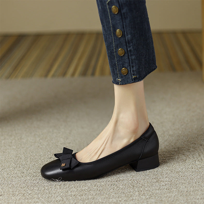 Women's Leather Ballet Flats - Round Toe with Elegant Bow Detail