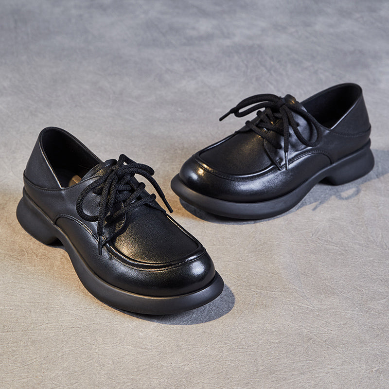 Women's Leather Comfortable Casual Chunky Heel Lace-Up Shoes