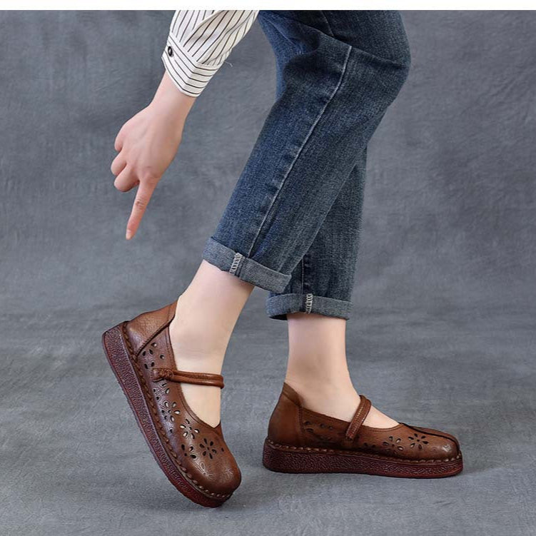 Women's Leather Floral Cutout Sandals – Breathable Summer Style