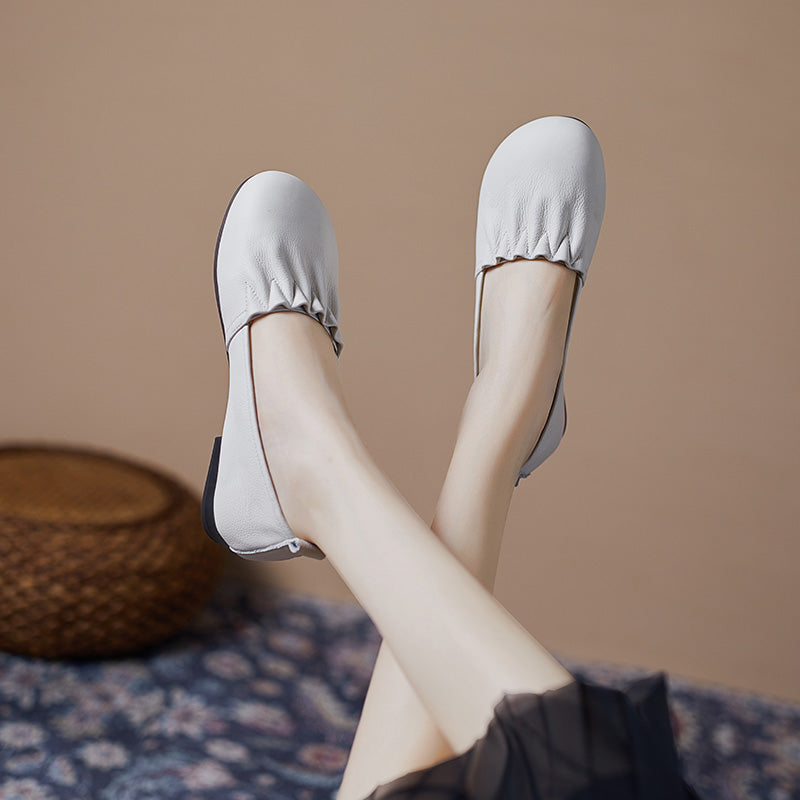 Women's Soft Leather Pleated Daily Slip-On Walking Flats