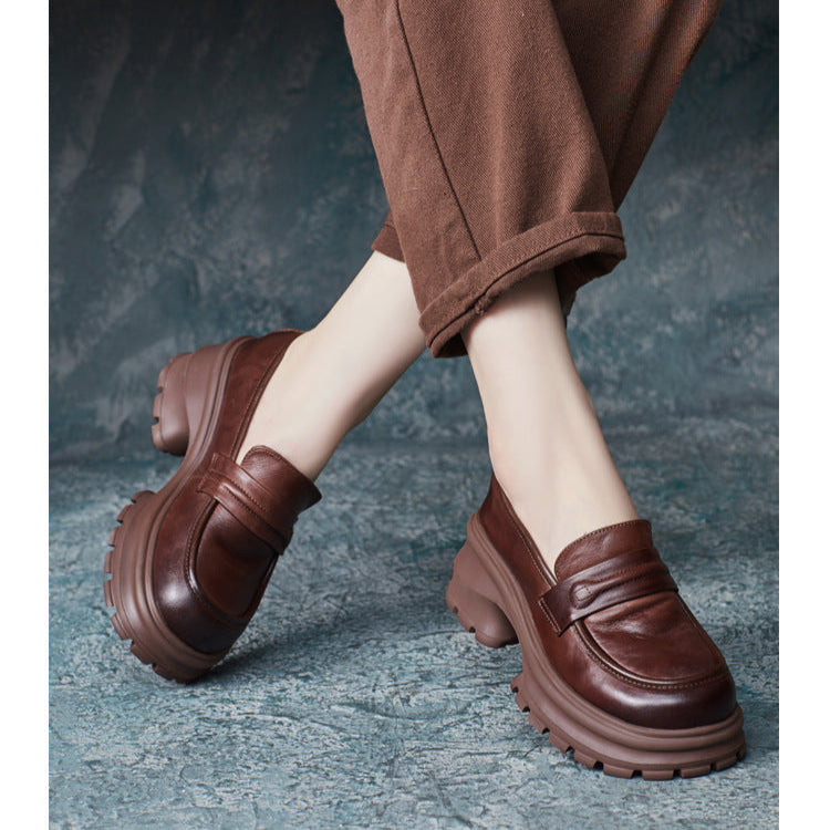Womens Genuine Leather Heeled Platform Casual Loafers