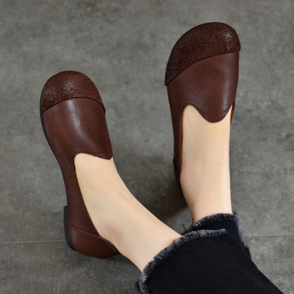 Handmade Leather Vintage Round Toe Patchwork Ballet Flat Shoes Women's Shoes
