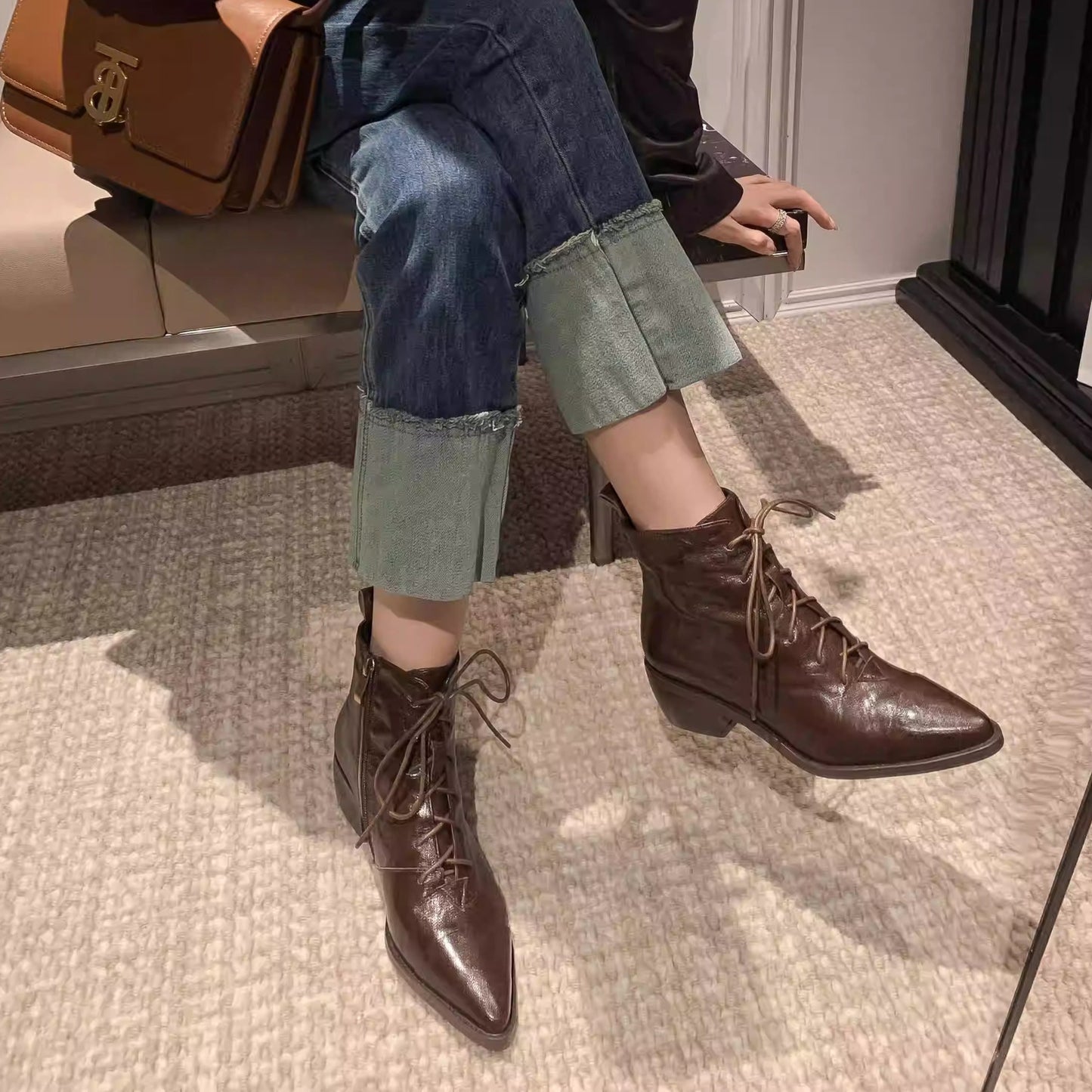 Women's Leather Lace-Up Ankle Boots – Pointed Toe & Block Heel