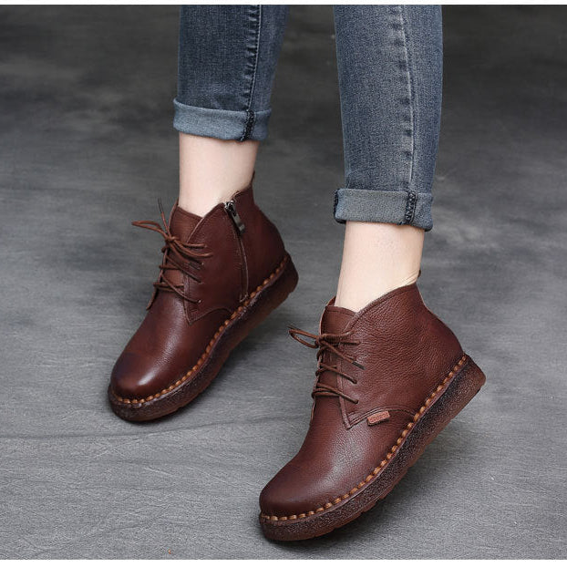 Women's Soft Leather Lace-Up Ankle Boots – Casual & Comfortable Design