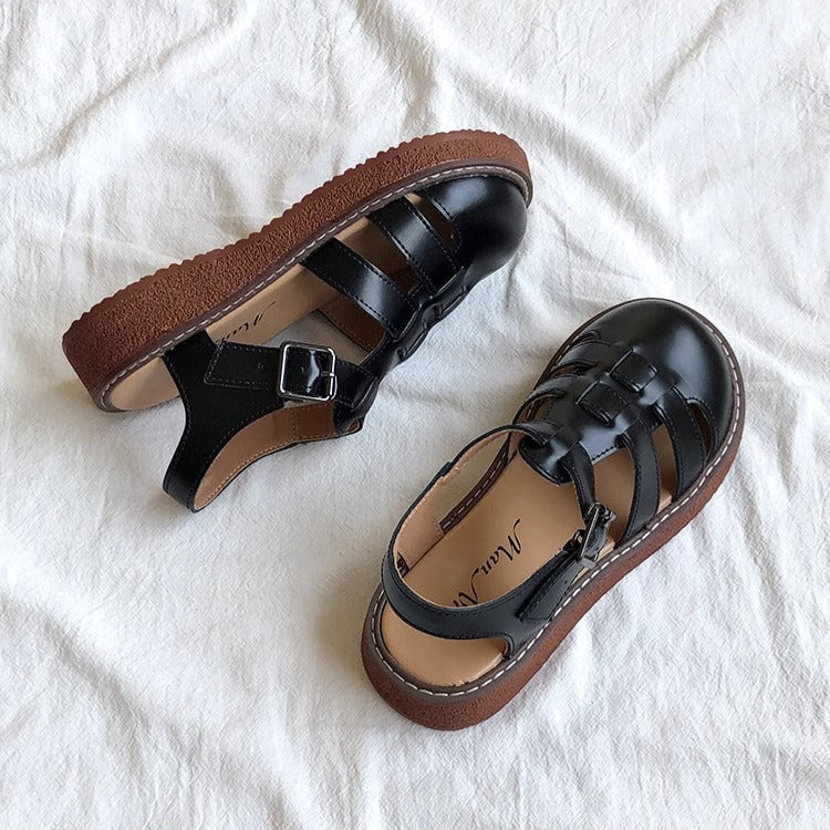 Women's Leather Closed Toe Round Sandals – Casual Summer Comfort Shoes