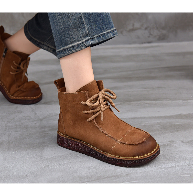 Women's Vintage Leather Ankle Boots – Soft Flat Lace-Up Zipper Short Shoes