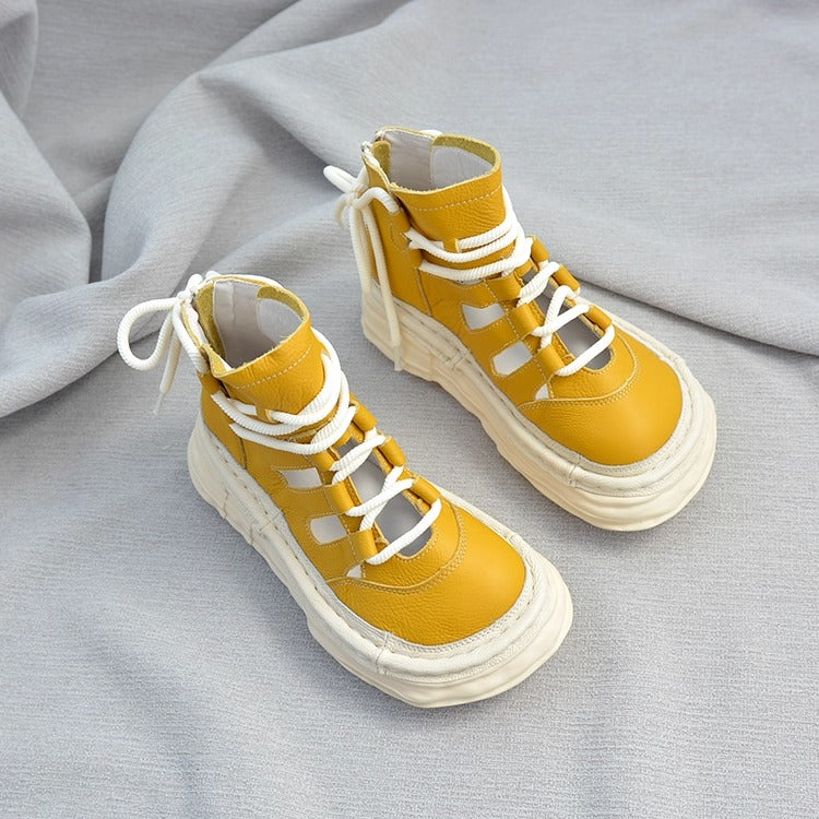 Women's Soft Leather Platform Ankle Boots – Lace-Up, Zipper, Cut-Out Design