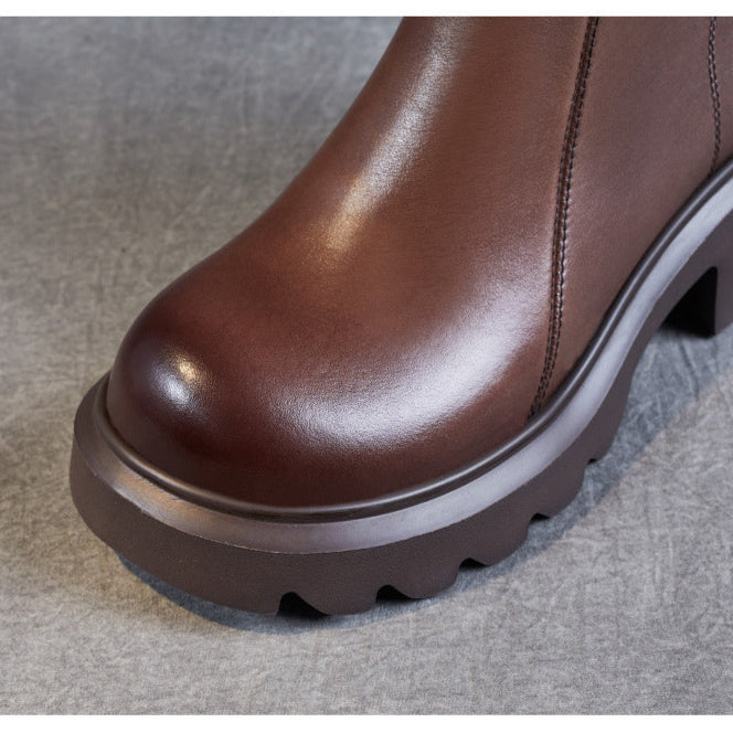 Women's Leather Ankle Boots – Platform Chunky Mid Heel with Side Zipper