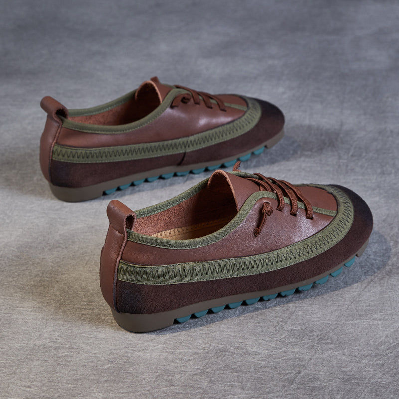 Women's Leather Casual Daily Walking Lace Up Flat Shoes