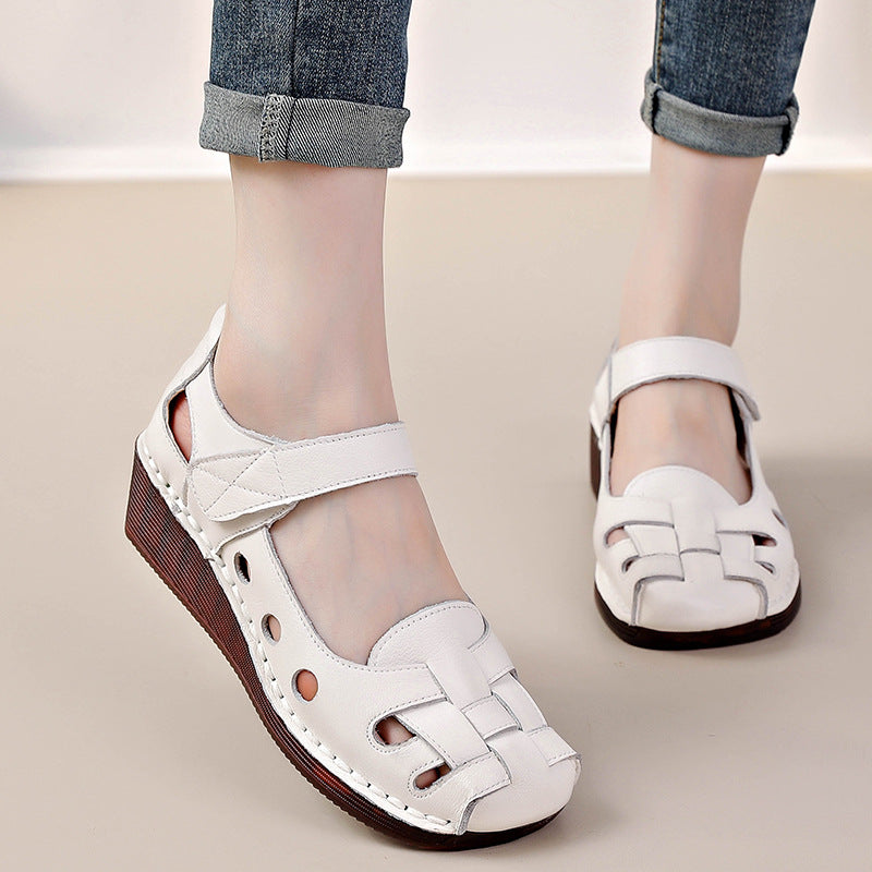 Women's Leather Woven Cutout Wedge Heel Sandal