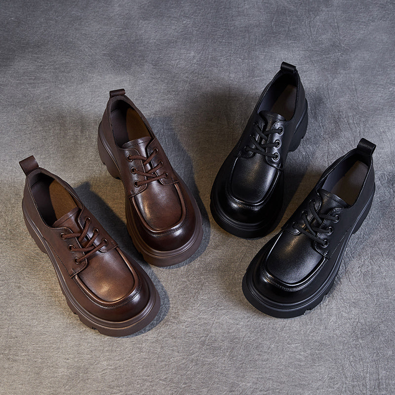Women's Leather Chunky Heel Lace-Up Oxfords