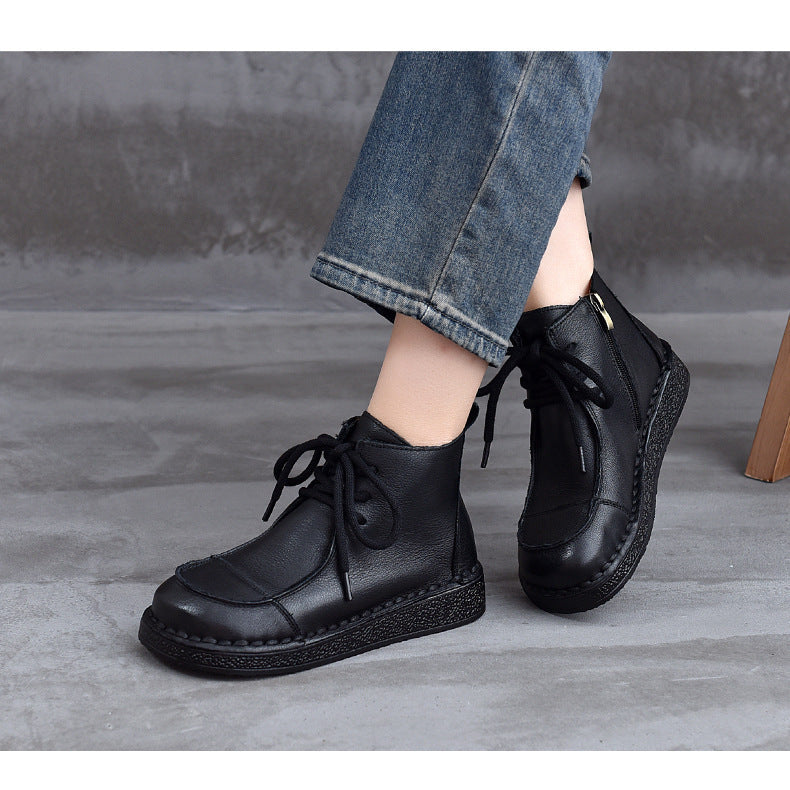 Women's Leather Flat Ankle Boots – Comfortable Casual Lace-Up Zipper Style
