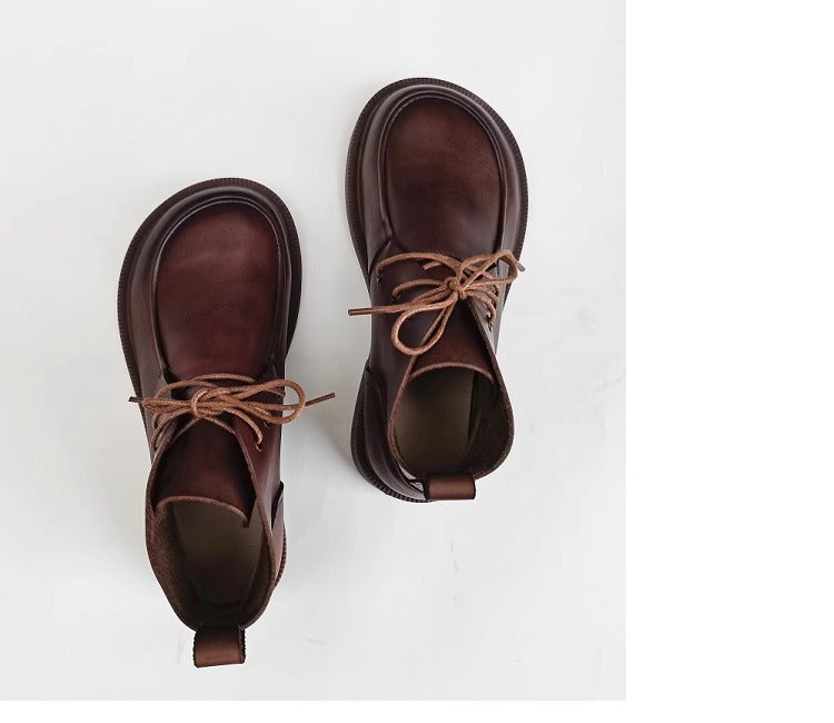 Womens Genuine Leather Wide Toe Lace-up Ankle Boots