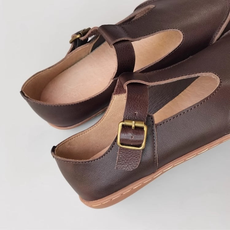 Handmade Vintage Genuine Leather Soft Lightweight T-Strap Mary Jane Shoes for Women