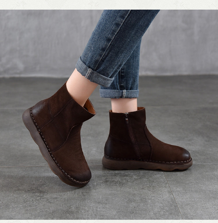 Women's Leather Zipper Ankle Boots – Comfortable Flat Casual Style