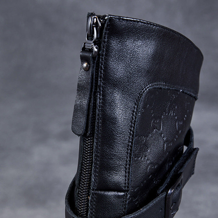 Women's Mid-Calf Embossed Genuine Leather Boots – Buckle Detail Chunky Heel Platform