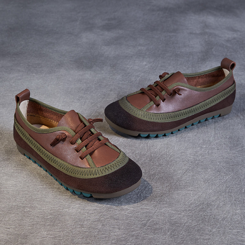 Women's Leather Casual Daily Walking Lace Up Flat Shoes